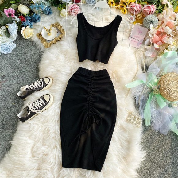 Women Knitted Short Tops + Drawstring Bodycon Skirt - Picture 7 of 9